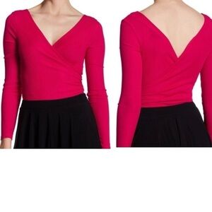 Topshop Wrap Bodysuit Red Stretch Long Sleeves Size 2